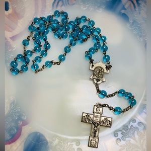 ROSARY Vintage GLASS Blue Beads Silver Tone Crucifix Jesus Mary - Catholic